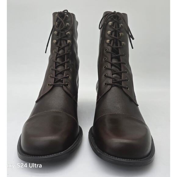 Details Brown Leather Combat Style Boots Cap Toe Lace Up Casual Bootie Men's 10C - Picture 2 of 12